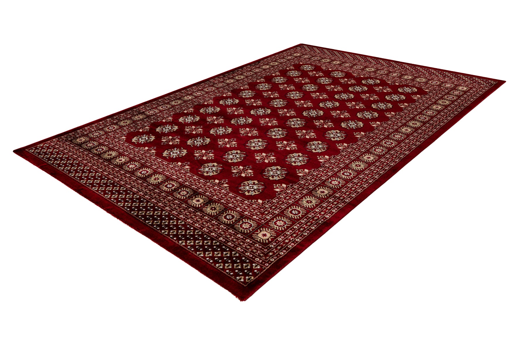 Roter Teppich mit traditionellen geometrischen Mustern, verziert mit symmetrischen Blumenmotiven und einem reich verzierten Rand. Perfekt für Wohn- oder Arbeitsräume, um eine warme und einladende Atmosphäre zu schaffen. Ari880red Ariana Teppich Obsession