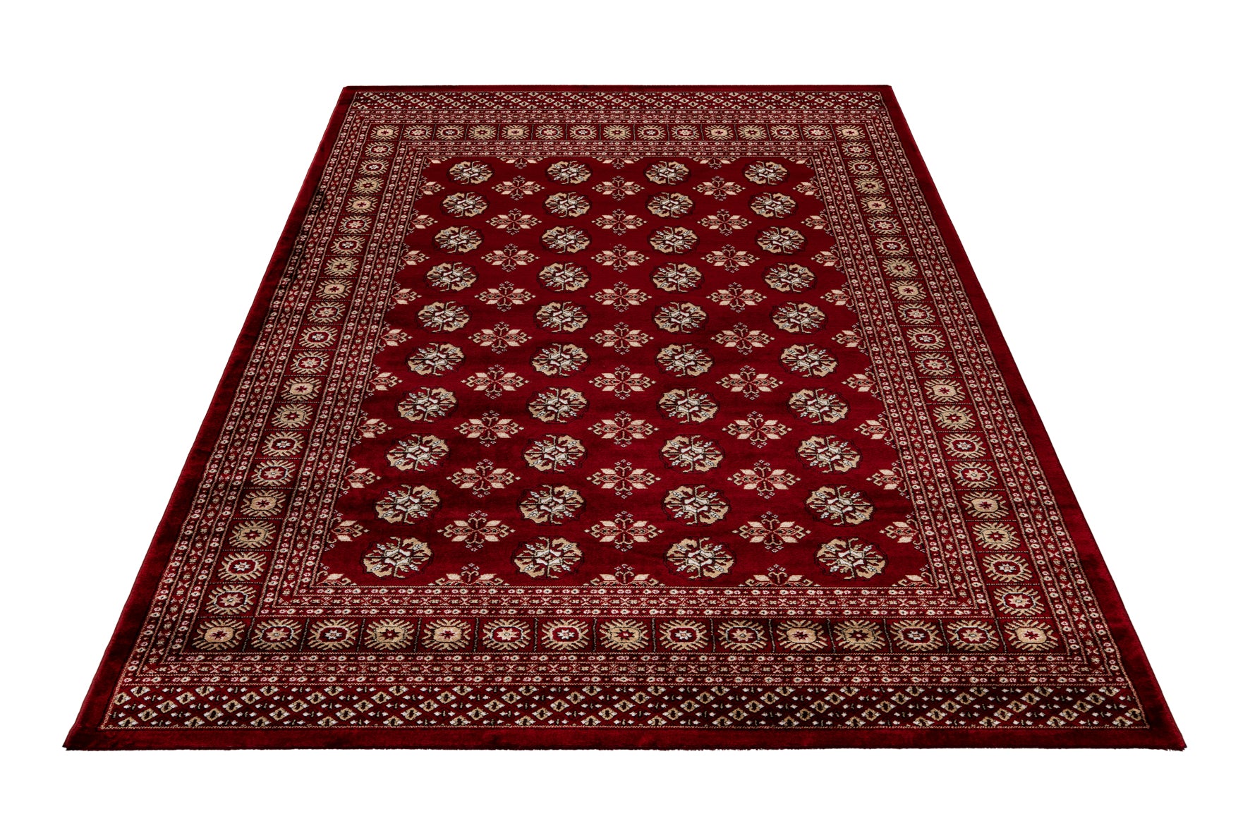 Roter Teppich mit traditionellen geometrischen Mustern, verziert mit symmetrischen Blumenmotiven und einem reich verzierten Rand. Perfekt für Wohn- oder Arbeitsräume, um eine warme und einladende Atmosphäre zu schaffen. Ari880red Ariana Teppich Obsession