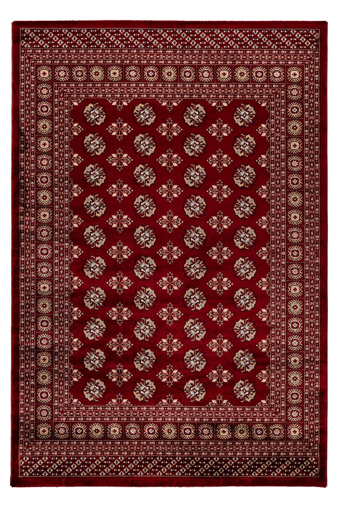 Roter Teppich mit traditionellen geometrischen Mustern, verziert mit symmetrischen Blumenmotiven und einem reich verzierten Rand. Perfekt für Wohn- oder Arbeitsräume, um eine warme und einladende Atmosphäre zu schaffen. Ari880red Ariana Teppich Obsession