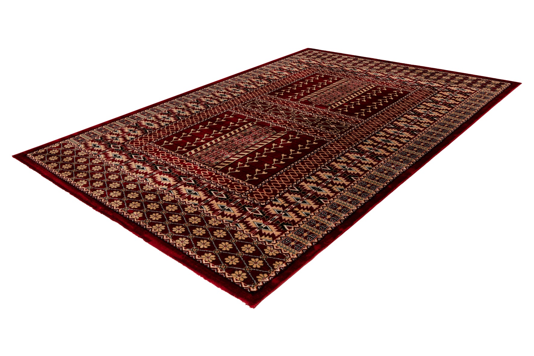 Ein rotes und goldenes orientalisches Teppichmuster mit geometrischen Formen.