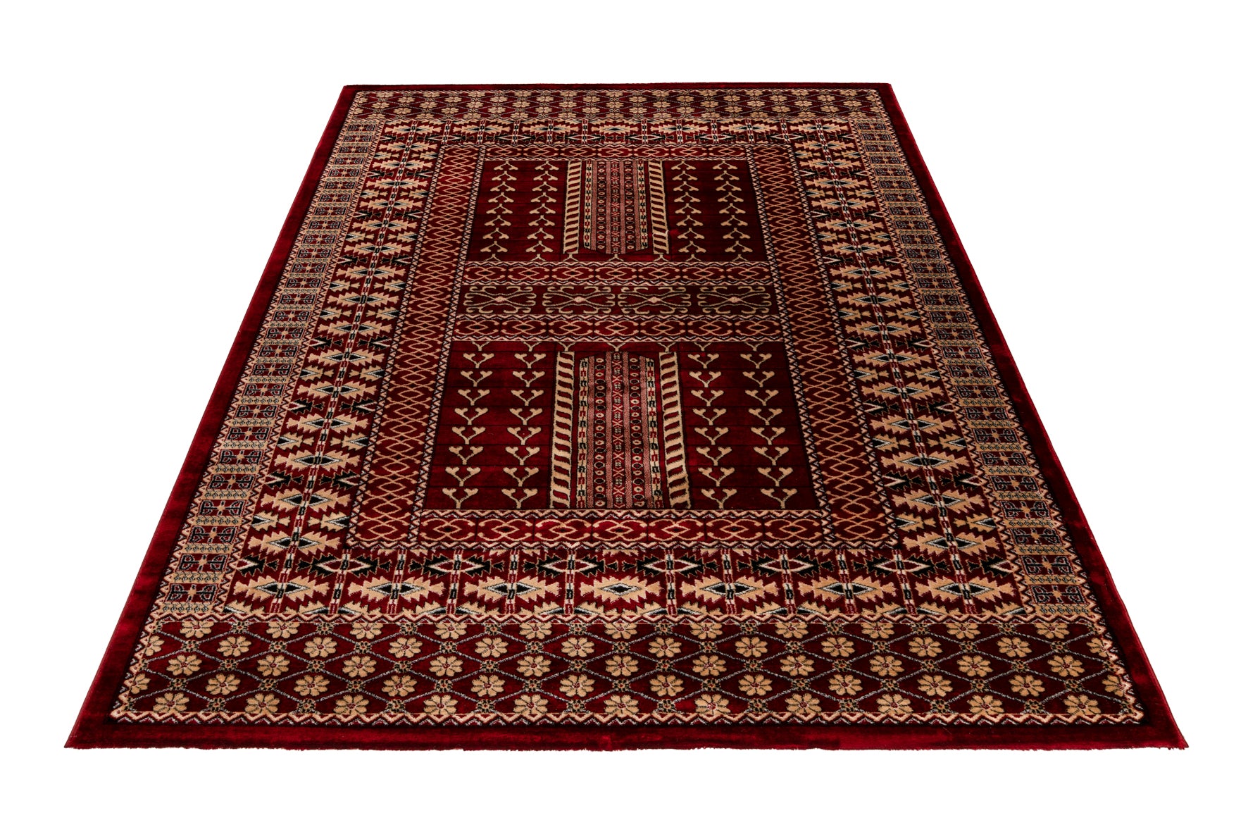 Ein rotes und goldenes orientalisches Teppichmuster mit geometrischen Designs.