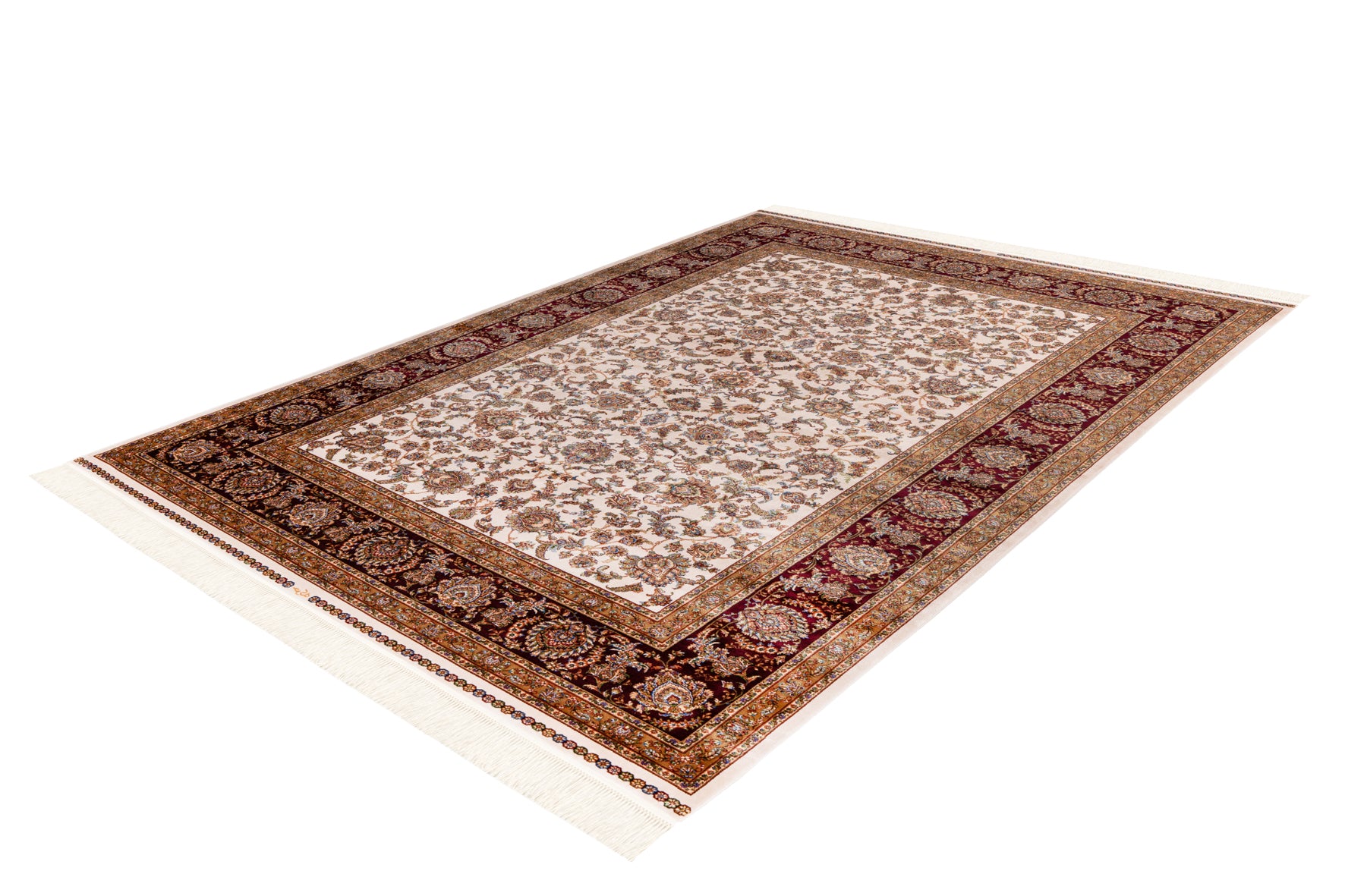 45 Grad Winkel Aufnahme Beige Roter Teppich mit traditionellen geometrischen Mustern, verziert mit symmetrischen Blumenmotiven und einem reich verzierten Rand. Perfekt für Wohn- oder Arbeitsräume, um eine warme und einladende Atmosphäre zu schaffen. Aus der Babylon of Obsession Kollektion
