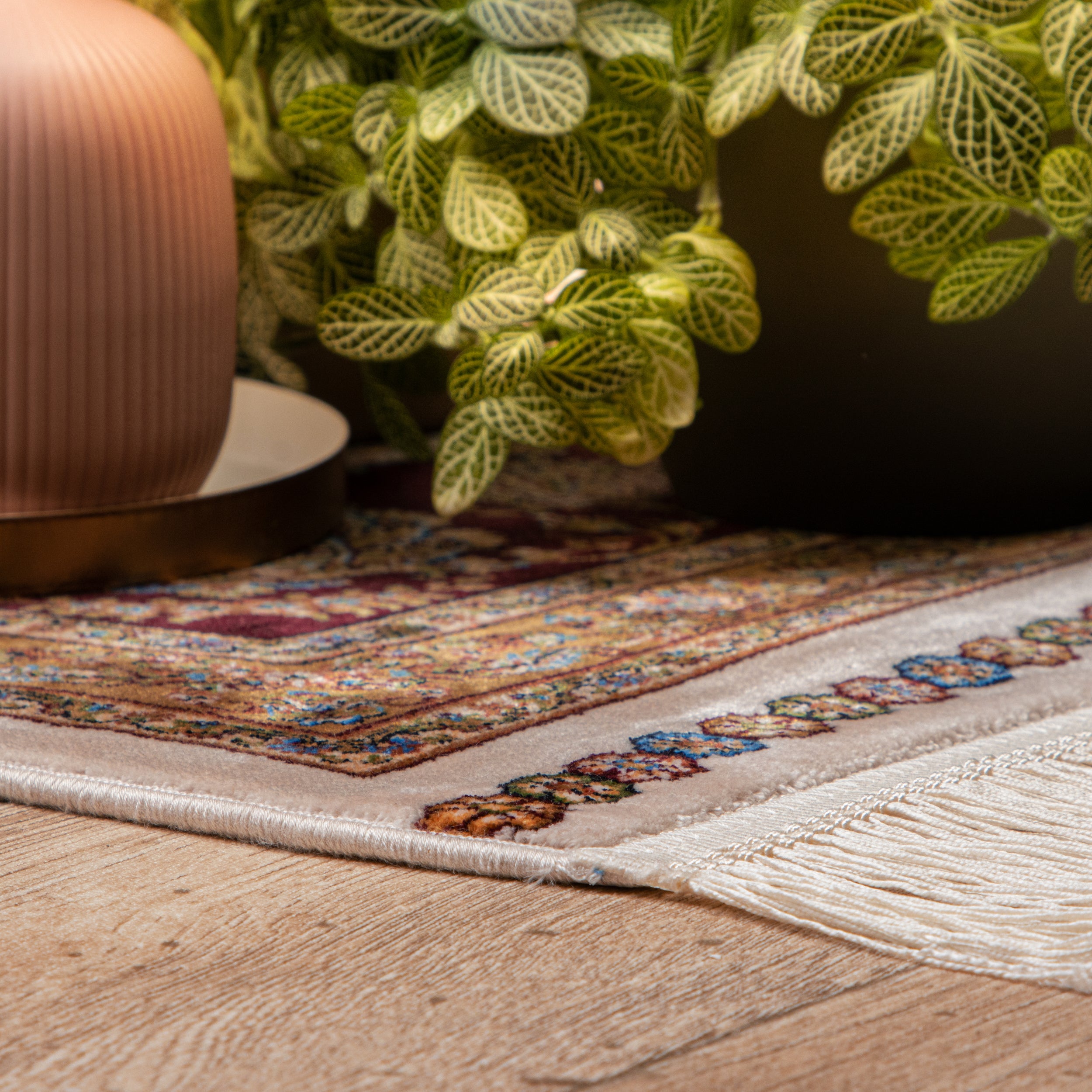 Nahaufnahme eines Beige Roten Teppichs mit detailliertem Muster, das auf einem Holzboden liegt. Im Hintergrund gibt es dekorative Elemente und eine Grün Pflanze die der Szene eine elegante, moderne Note verleiht