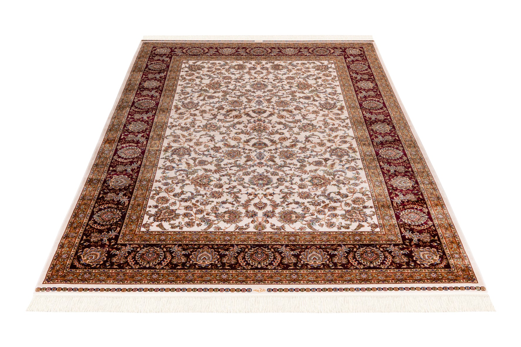 Beige Roter Teppich mit traditionellen geometrischen Mustern, verziert mit symmetrischen Blumenmotiven und einem reich verzierten Rand. Perfekt für Wohn- oder Arbeitsräume, um eine warme und einladende Atmosphäre zu schaffen. Aus der Babylon of Obsession Kollektion
