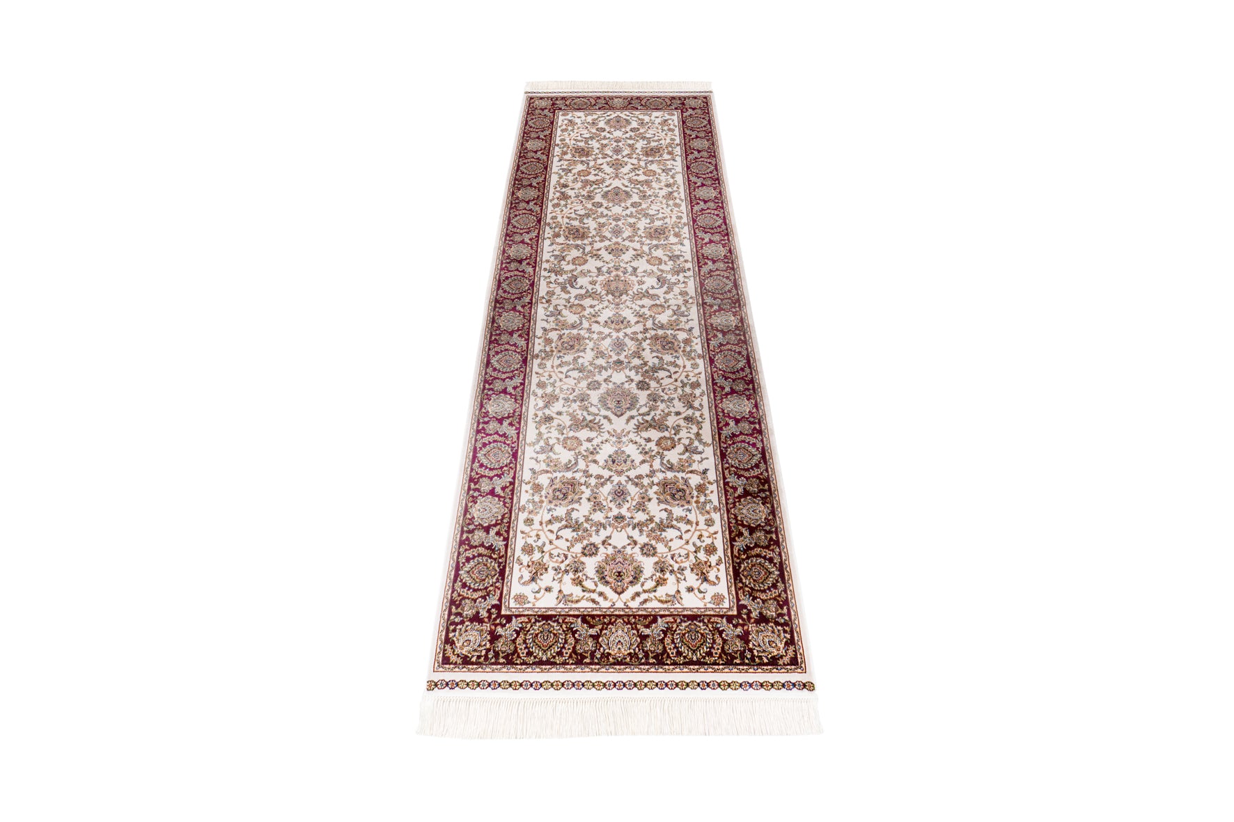 Beige Roter Teppich Läufer mit traditionellen geometrischen Mustern, verziert mit symmetrischen Blumenmotiven und einem reich verzierten Rand. Perfekt für Wohn- oder Arbeitsräume, um eine warme und einladende Atmosphäre zu schaffen. Aus der Babylon of Obsession Kollektion