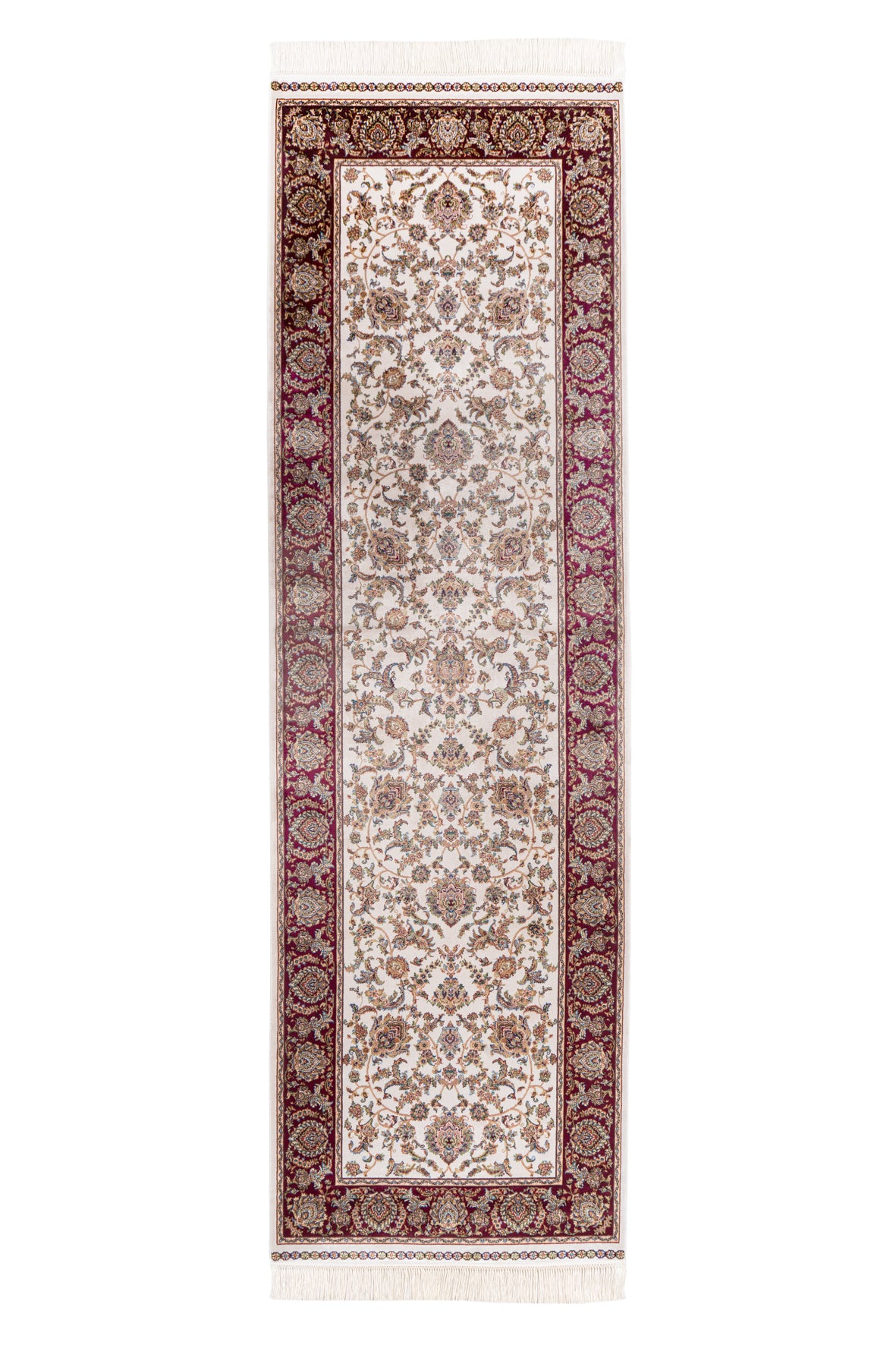 Aufnahme von oben Beige Roter Teppich Läufer mit traditionellen geometrischen Mustern, verziert mit symmetrischen Blumenmotiven und einem reich verzierten Rand. Perfekt für Wohn- oder Arbeitsräume, um eine warme und einladende Atmosphäre zu schaffen. Aus der Babylon of Obsession Kollektion