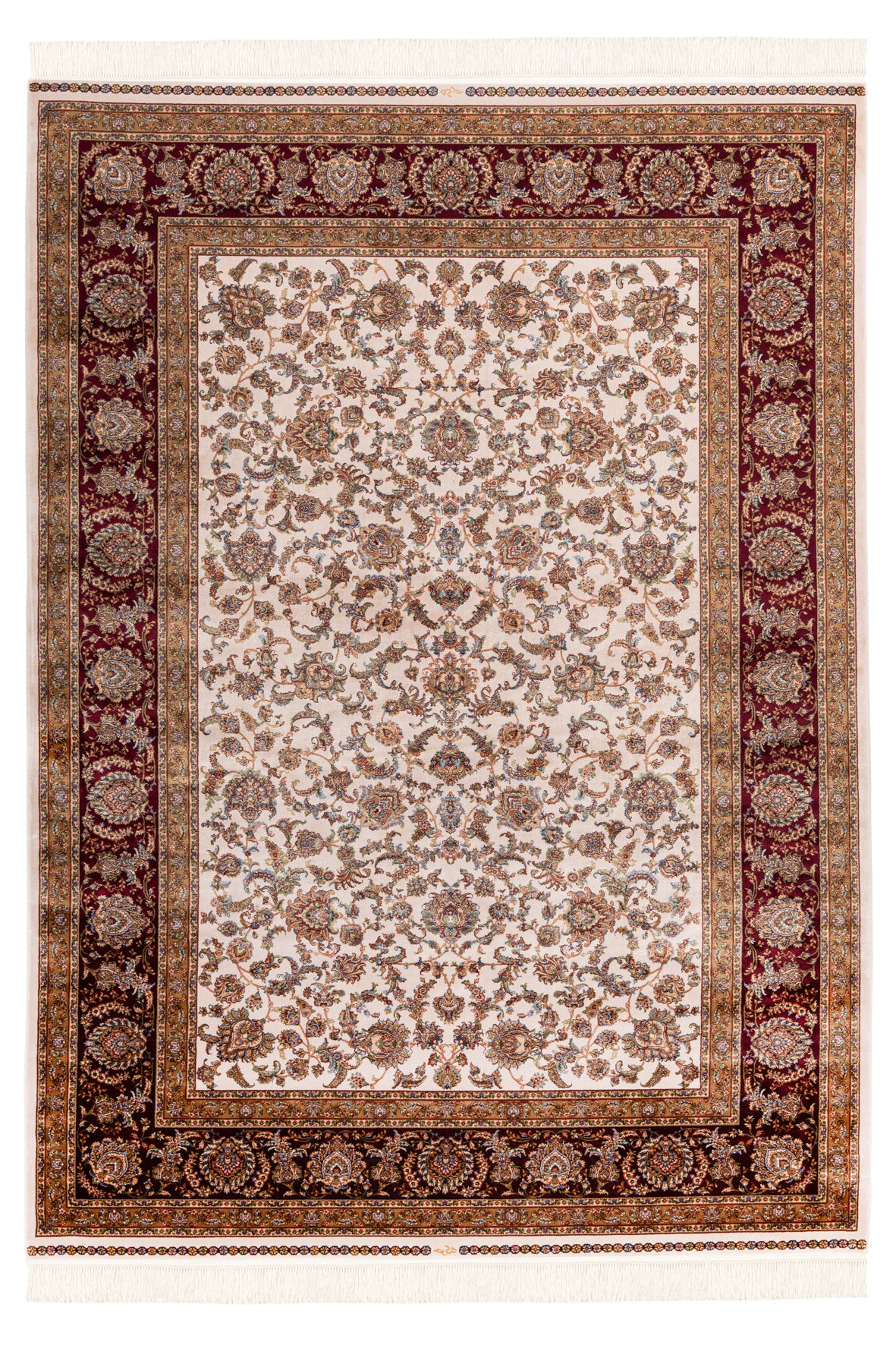 Roter Beige Teppich mit traditionellen geometrischen Mustern, verziert mit symmetrischen Blumenmotiven und einem reich verzierten Rand bzw. Bordüre. Perfekt für Wohn- oder Arbeitsräume, um eine warme und einladende Atmosphäre zu schaffen. Babylon of Obsession Kollektion Obsession AG